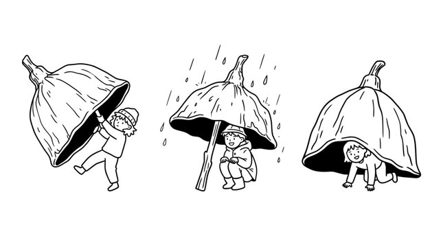 This illustration shows kids finding shelter under a whimsical large umbrella, symbolizing safety and protection in rainy weather while showcasing playful imagination.
