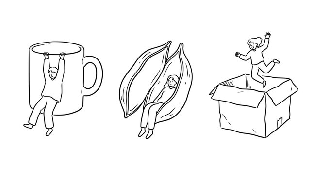 This image showcases the joy of exploring and finding adventure within simple, everyday objects, expressing the themes of imagination and creativity through playful line art.