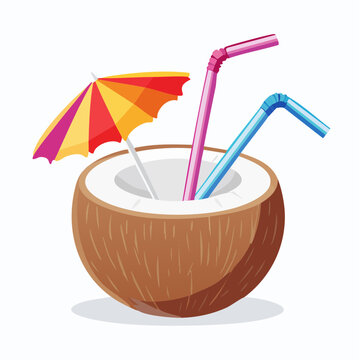Tropical Coconut Drink with Umbrella and Straws