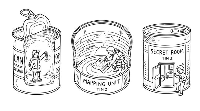 A whimsical representation of children exploring the insides of a can, using imaginative elements to convey adventure, discovery, and the joy of finding wonders in ordinary places.