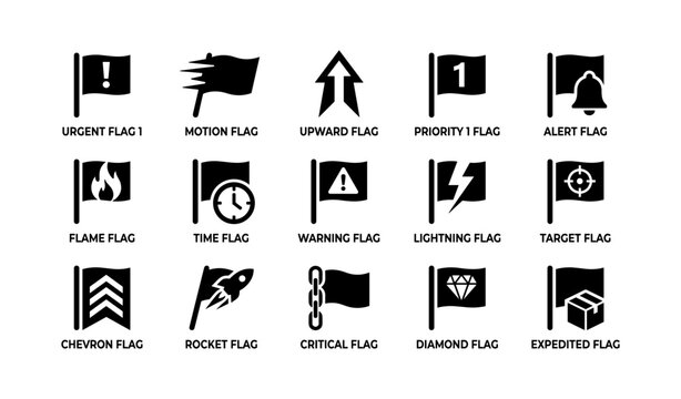 Assorted flag icons with symbols and labels on white background