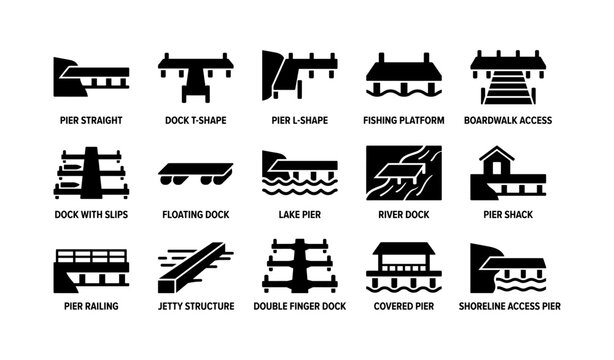 Various pier and dock icons showing pier types on white background