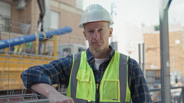 Man tipping white hardhat with raised hand and visible face in neon safety vest at building site; focused determination.