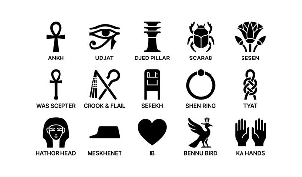 Egyptian symbols and hieroglyph icons arranged on white background