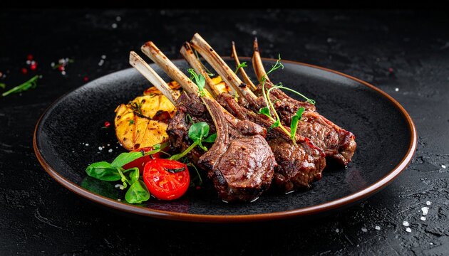 Premium presentation of grilled lamb chops served with golden roasted potatoes and fresh cherry tomatoes. Garnished with microgreens and served on a sleek black ceramic plate. 