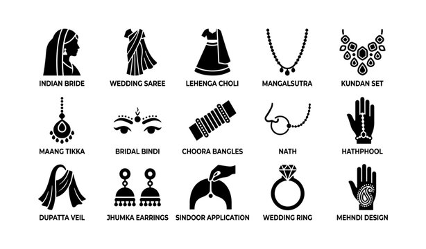 Indian bridal and wedding icons arranged in grid layout