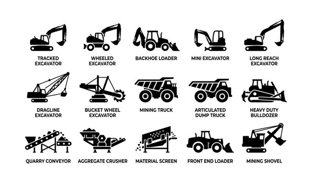 Construction and mining vehicle icons arranged in grid