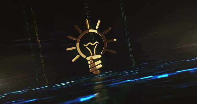 Bulb inspiration idea and creative concept shine symbol on green digital background. Abstract 3d golden metal glowing icon animation.