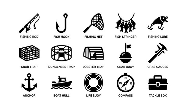 Fishing and nautical equipment icons arranged on white background