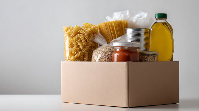 Essential food items neatly arranged in a cardboard box, featuring pasta, canned goods, oil, and jarred sauce, ready for delivery or donation