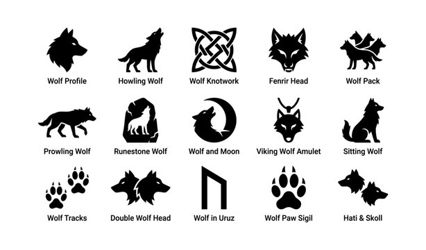 Wolf and norse wolf icons arranged in grid on white background