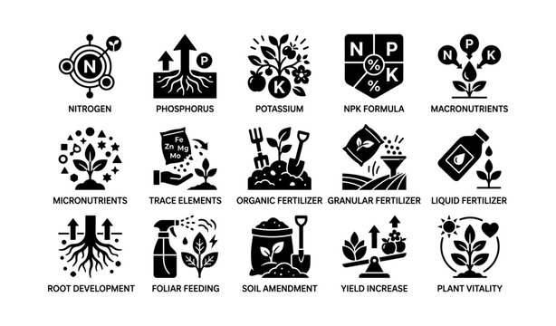 Fertilizer and nutrient icons illustrating plant feeding types