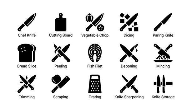 Knife icons showing cuts tools techniques and storage on white