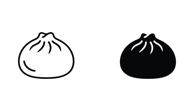 Traditional dumpling food icon set featuring steamed bun silhouette in outline and solid vector graphic style for restaurant menu and culinary branding isolated on white background