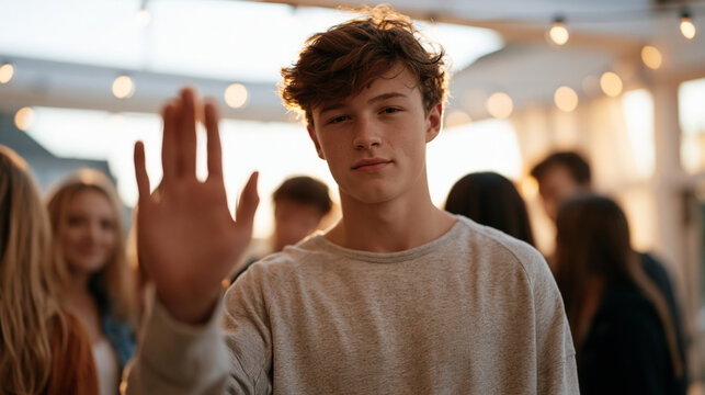 Teenage boy at a party backing away from a group pressuring him to film an embarrassing video of another student, hands raised in refusal, expression firm, string lights overhead, the social consequ