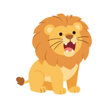 Cute cartoon lion with golden mane sits while slightly roaring or yelling on a white background