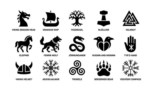 Norse myth symbols and creatures arranged in labeled grid