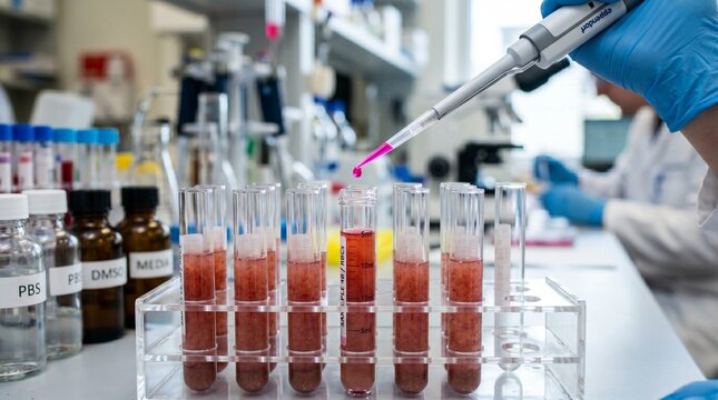 Close-up of blood sample tube near microscope lab equipment representing clinical testing sample for diagnostic analysis.  blood sample