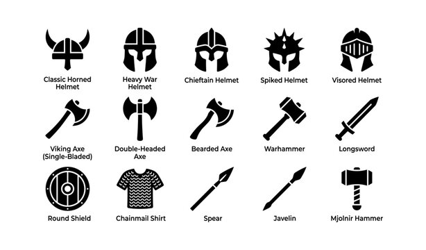 Medieval helmets and weapons in labeled grid on white