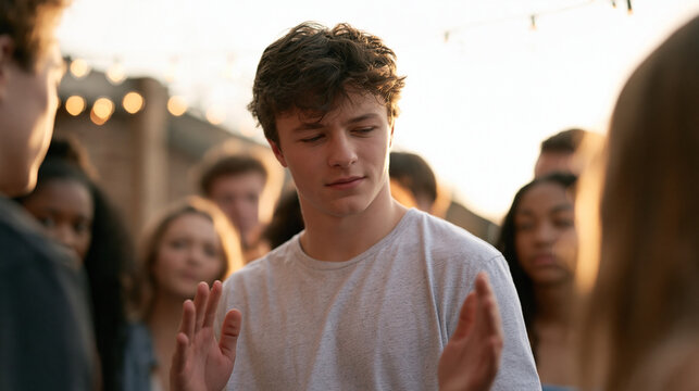 Teenage boy at a party backing away from a group pressuring him to film an embarrassing video of another student, hands raised in refusal, expression firm, string lights overhead, the social consequ
