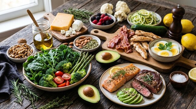 Delicious and healthy ketogenic diet meal spread featuring fresh fish, meats, vegetables, healthy fats, and cheese