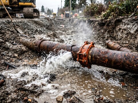 Burst sewer pipeline with leaking joint, muddy excavation, representing emergency sewer pipeline repair. repair clamp and spray of wastewater