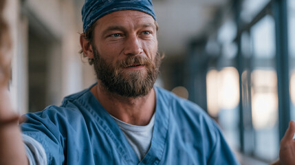 Obraz premium Male nurse gently but firmly redirecting a demanding family member away from a patient's room, one hand extended in a practiced boundary gesture, hospital corridor lighting clinical and unforgiving,