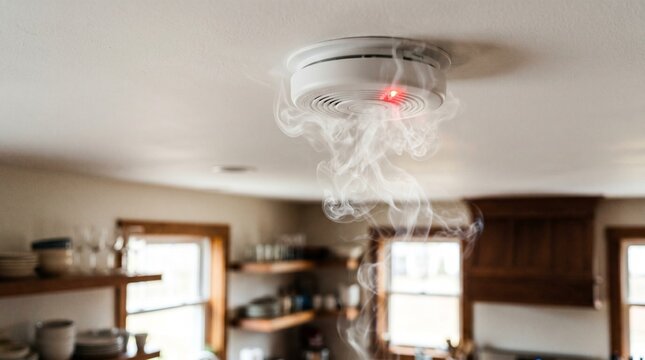 symbolizing fire safety and early warning system. Ceiling mounted smoke detector emitting alarmed smoke in a home kitchen, 