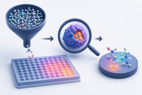 3D scientific illustration of chemical analysis workflow with microplate funnel magnifier and molecular models