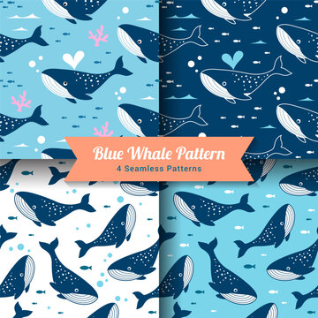 Set of Blue whale seamless pattern background vector illustration