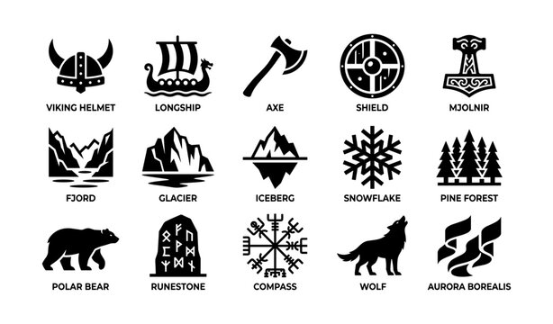 Viking maritime and arctic icons arranged in grid on white background