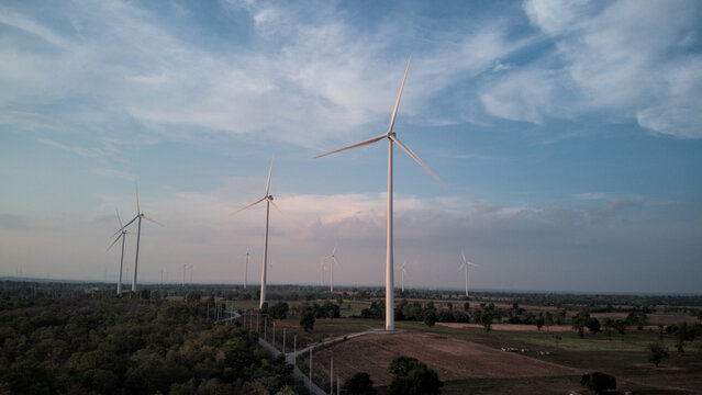 Aerial Sunset View of Wind Turbines near Wat Ko Laem, Thepharak, Nakhon Ratchasima, Thailand
