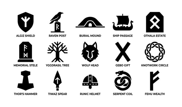 Norse rune and myth symbols displayed in grid on white background