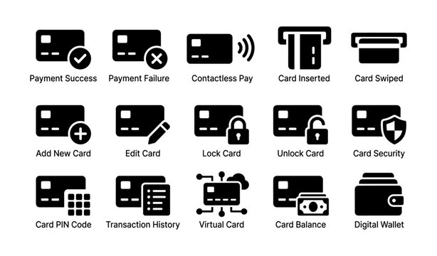 Payment and card management icons in grid on white background