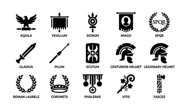 Roman military symbols displayed in labeled grid on white background