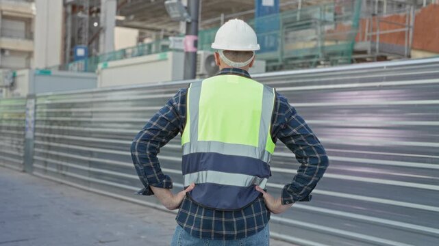 Man builder in white hardhat and high visibility vest with hands on hips at building site with metal hoarding and scaffolding; confidence responsibility.