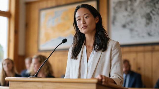 Environmental scientist presenting watershed data to a skeptical town council, standing firm at the podium while officials exchange doubtful glances, wall map behind her, the professional dignity of