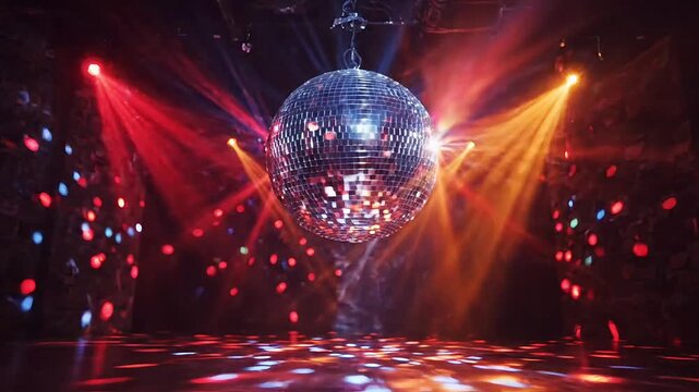 Disco ball, nightclub lights, dance floor, flashing colors, party atmosphere