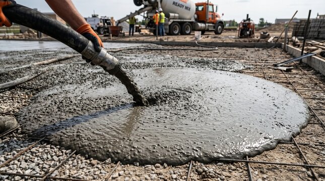Pouring cement patch into floor crack for concrete repair, showing trowel swirl wet mortar application concept, surface restoration