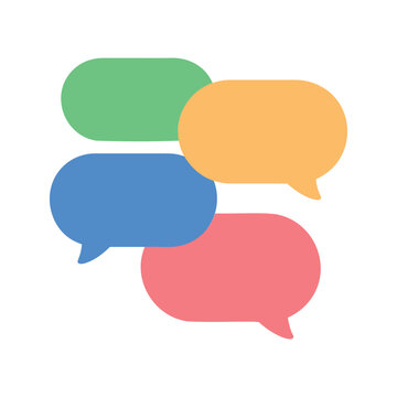 Overlapping colorful speech bubbles create a vibrant and dynamic composition