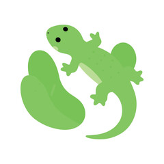 Fototapeta premium Bright green lizard rests near a light green leaf, creating a cartoonish ambiance