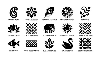 Obraz premium Decorative motif and pattern icons arranged on white background