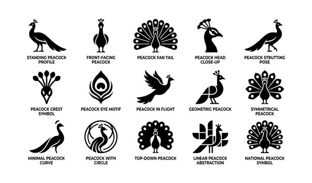 Peacock icon set showing various poses and tail motifs