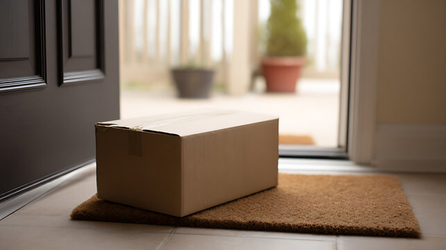 A single rectangular cardboard box sits on a brown doormat at an open residential front door, offering a concept of unattended parcel delivery and home service