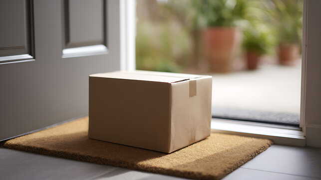 Unattended cardboard package sits on a brown welcomed doormat at the entrance of a house, implying doorstep delivery service for online orders