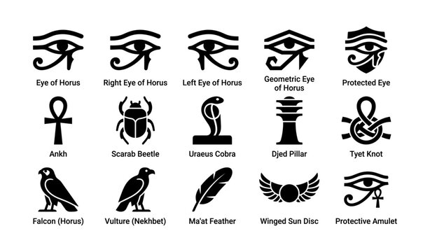 Egyptian symbol icons depicting eyes amulets and funerary motifs