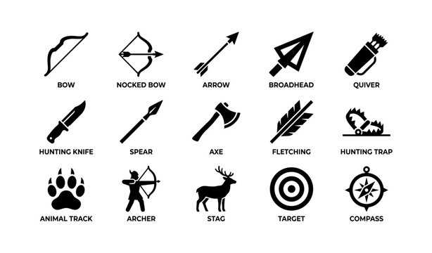 Hunting and archery icons arranged in rows on white background