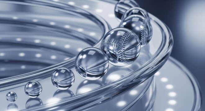 Abstract composition of metallic spheres with baseball texture in a ring