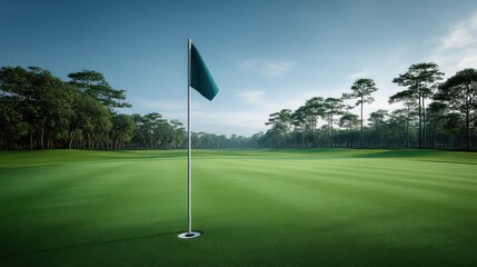 Naklejka premium Scenic Golf Course Landscape with Flag, Green Fairway and Sunny Sky, Ideal for Sports and Outdoor Leisure Imagery, Perfect for Golf Enthusiasts and Designers