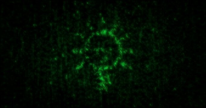 Bulb inspiration idea and creative concept symbol matrix style. Abstract icon on green digital rain background animation.